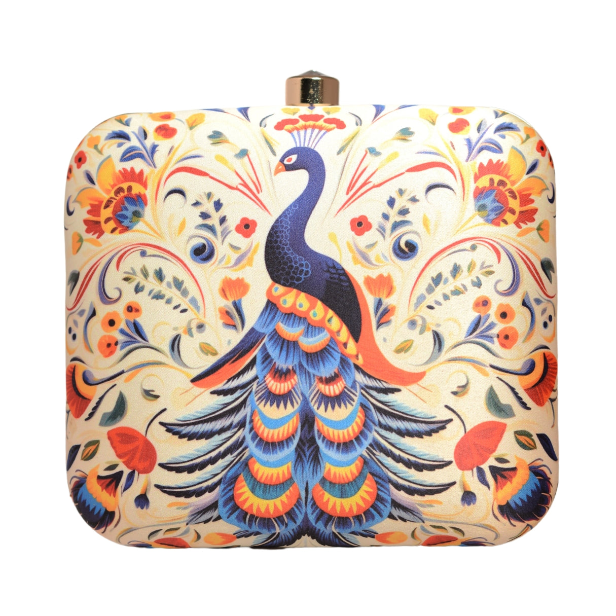 White Based Peacock Printed Clutch