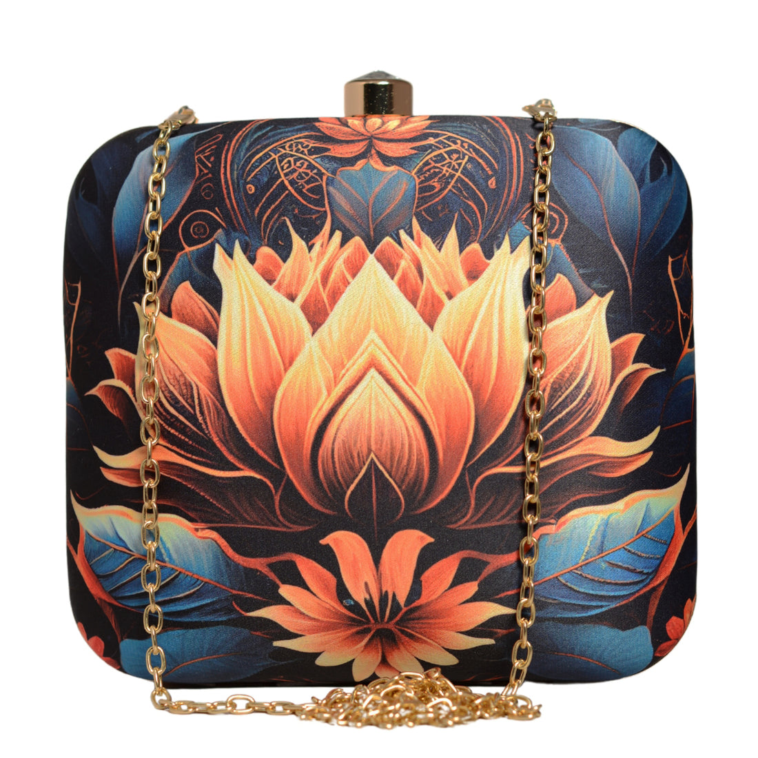 Orange Lotus Printed Clutch