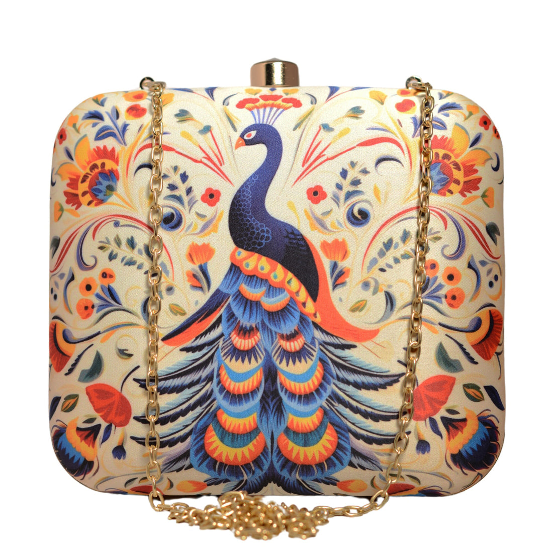 White Based Peacock Printed Clutch