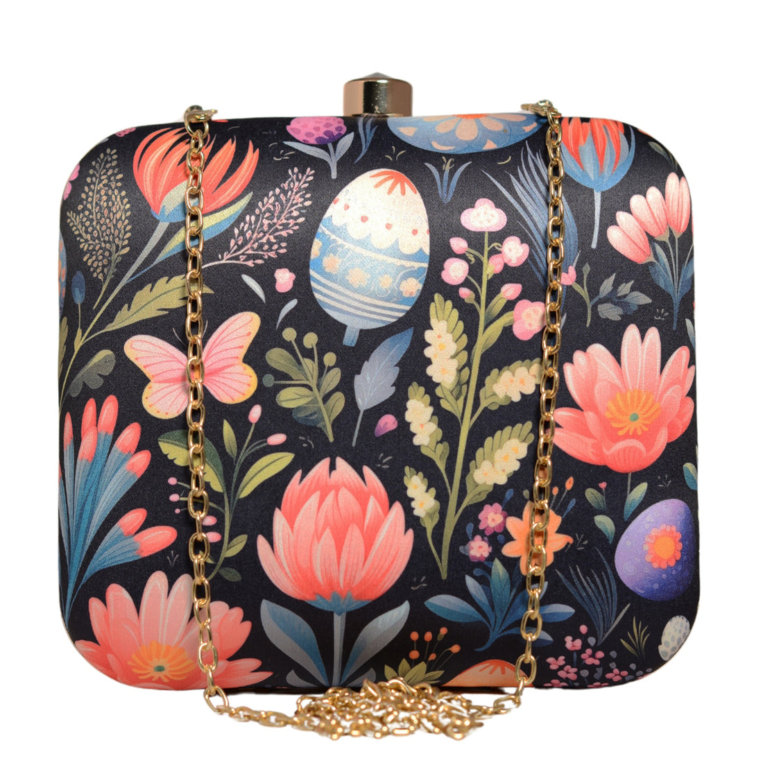 Black Based Floral Printed Clutch