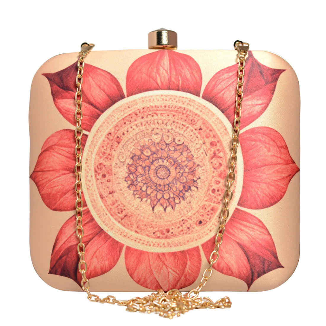 Biege And Red Flower Printed Clutch