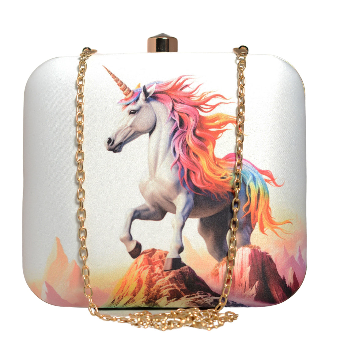 White Based Unicorn Printed Clutch