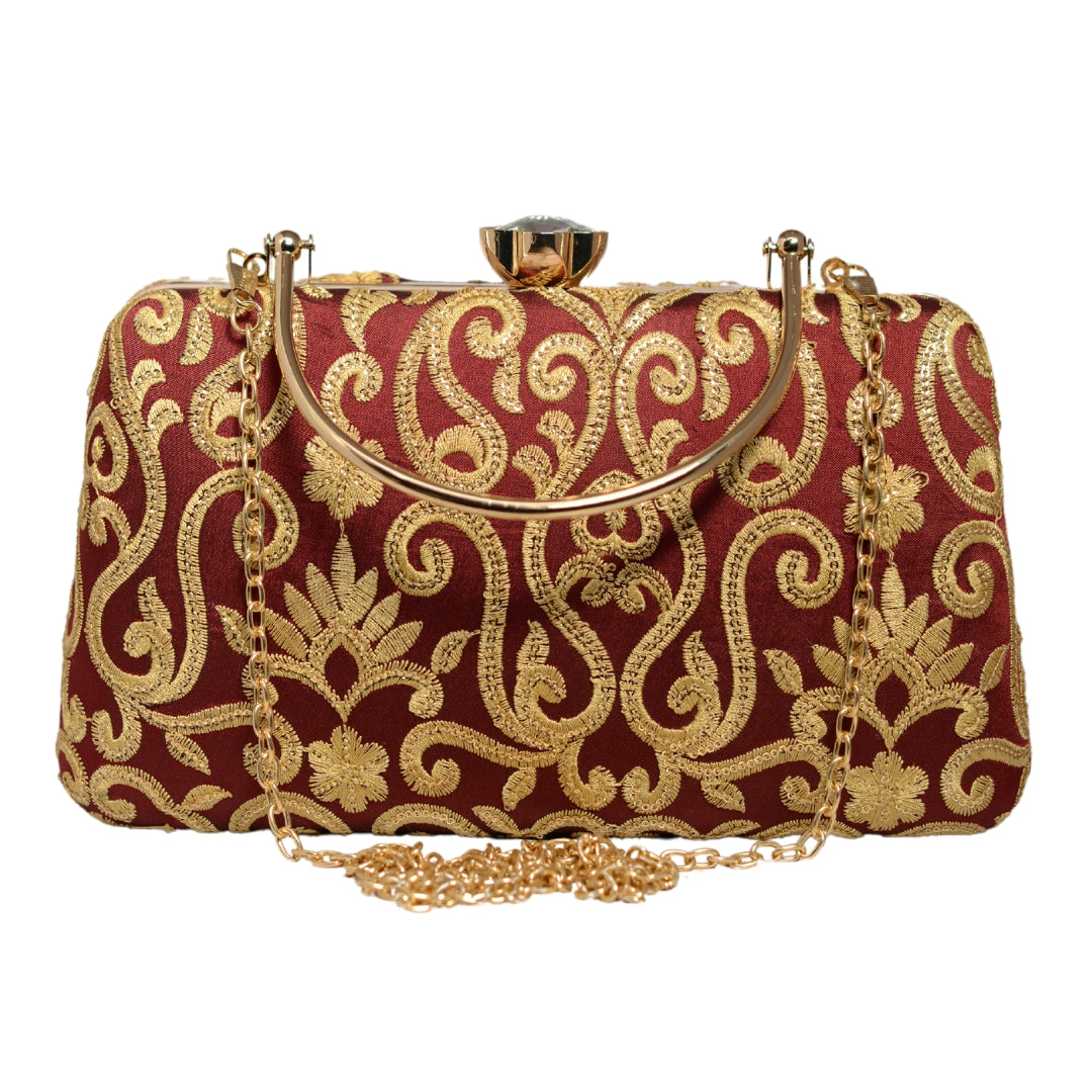 Maroon And Golden Ethnic Clutch