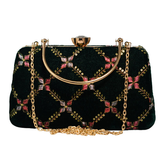 Dark Green Embroidery Party Clutch