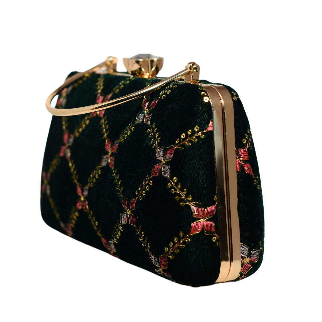 Dark Green Embroidery Party Clutch