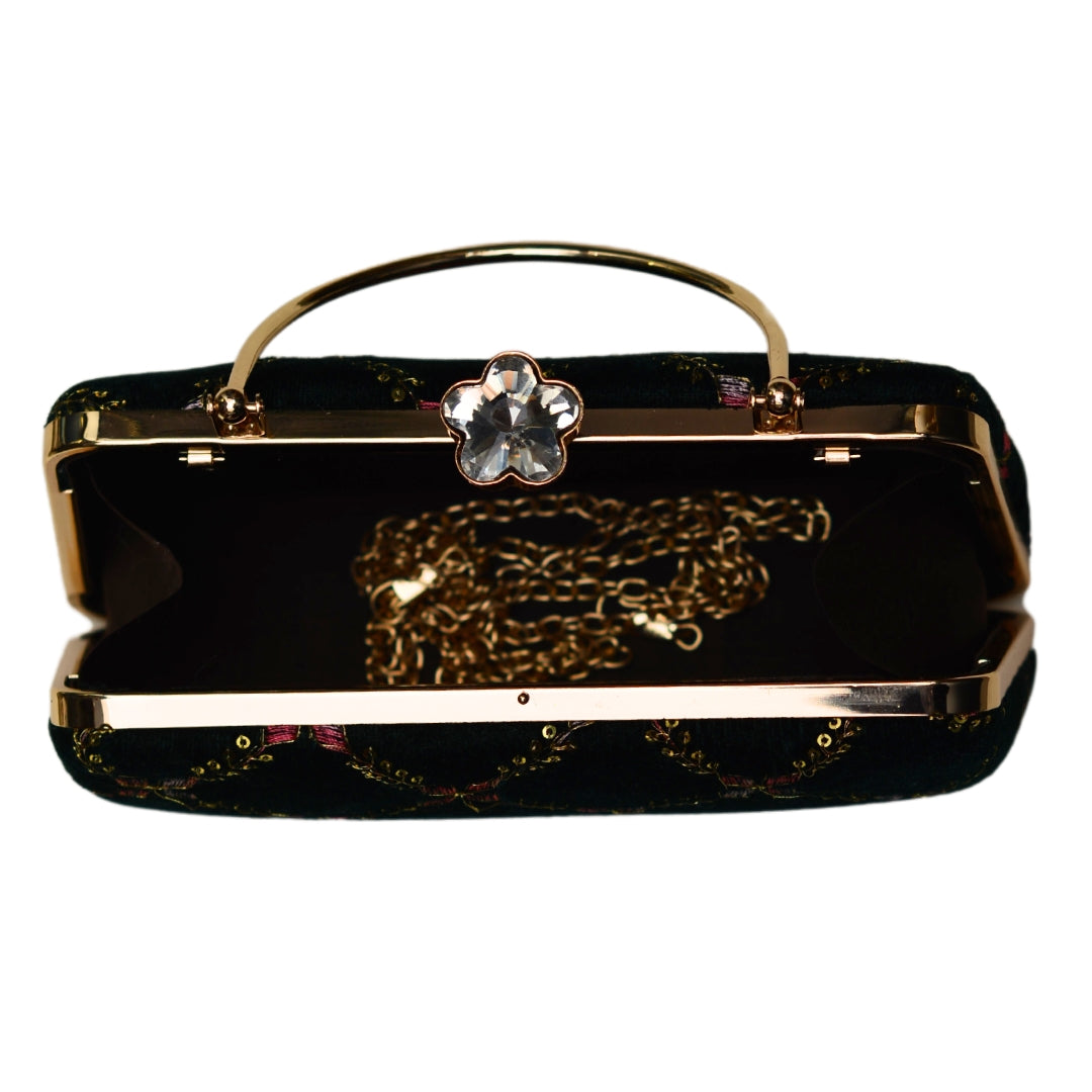 Dark Green Embroidery Party Clutch