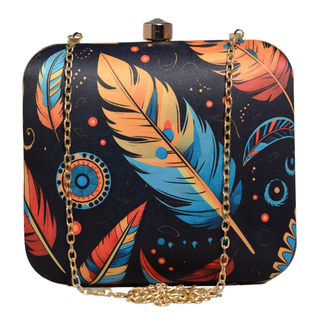 Black Based Feather Printed Clutch