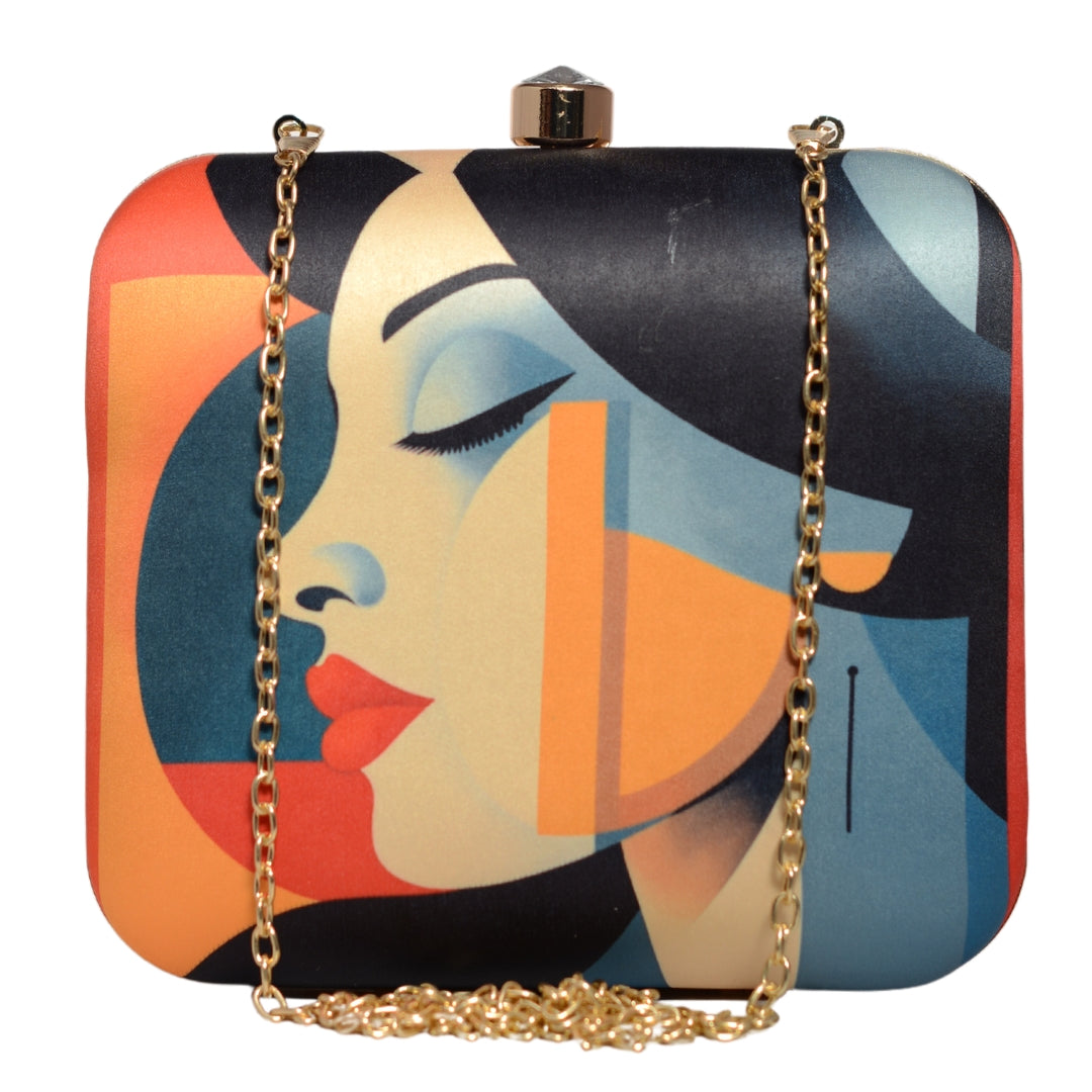 Multicoloured Side Face Women Portrait Printed Clutch