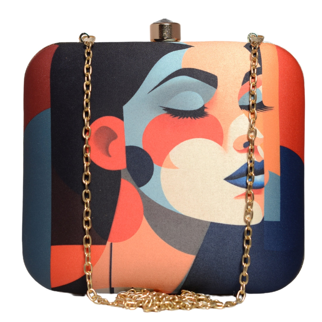 Multicolour Women Portrait Printed Clutch