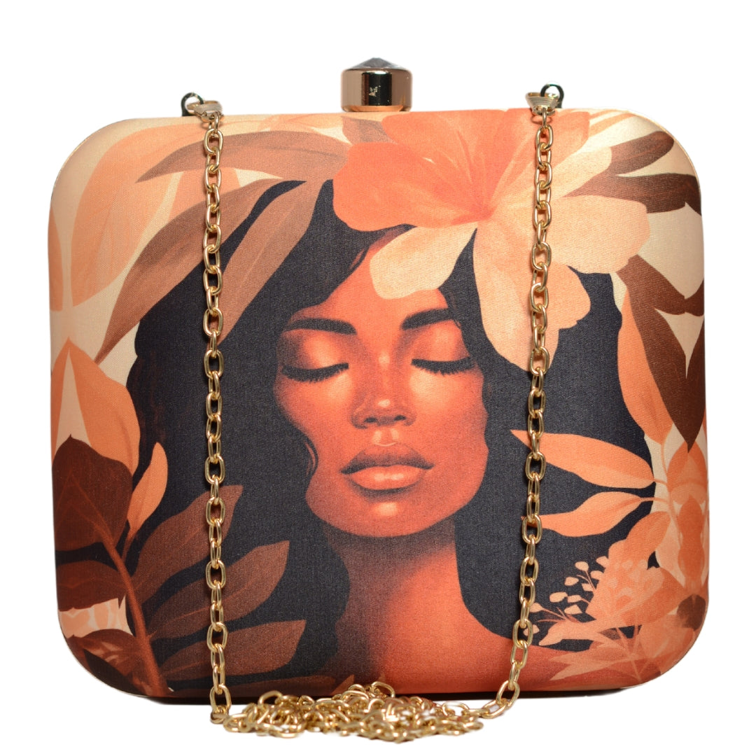 Beige Floral Afro Women Portrait Printed Clutch