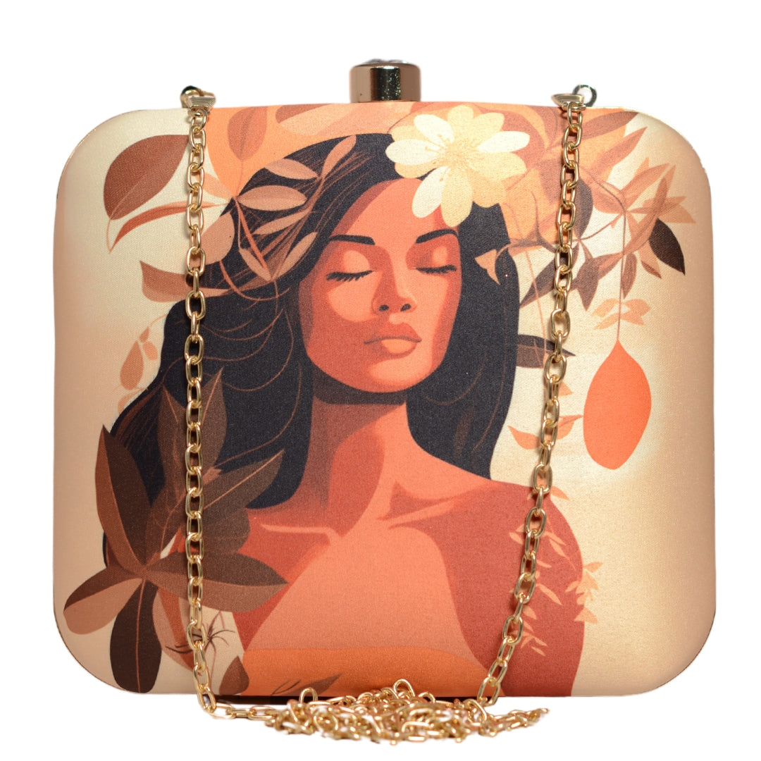 Beige Floral Women Portrait Printed Clutch