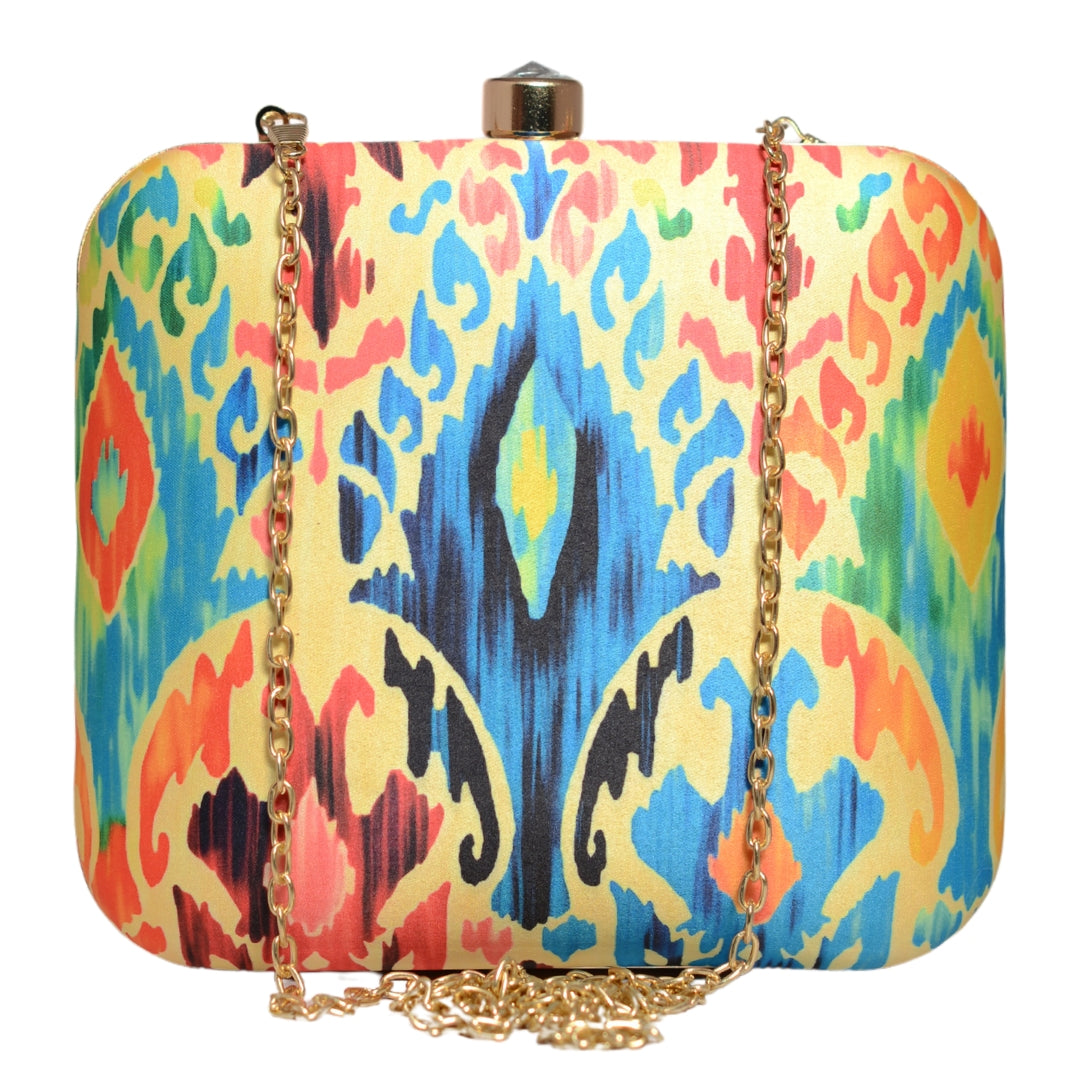 Yellow Based Multicolour Ikkat Printed Clutch