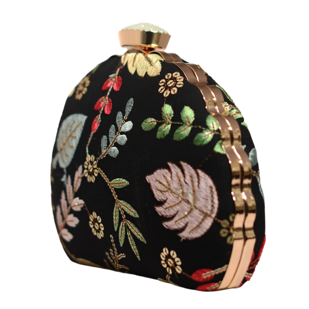 Black Multipattern Embroidery Party Clutch