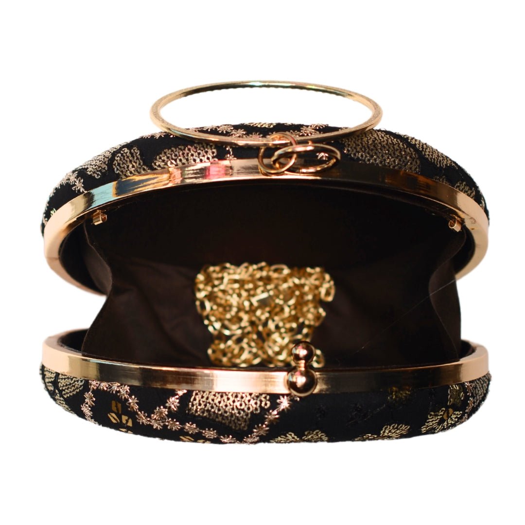 Black And Golden Round Embroidery Clutch