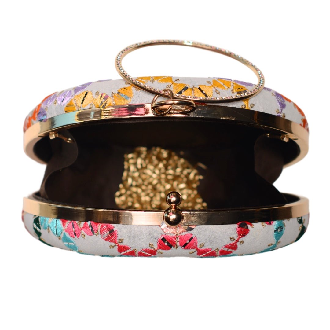 White Multicoloured Round Embroidery Clutch