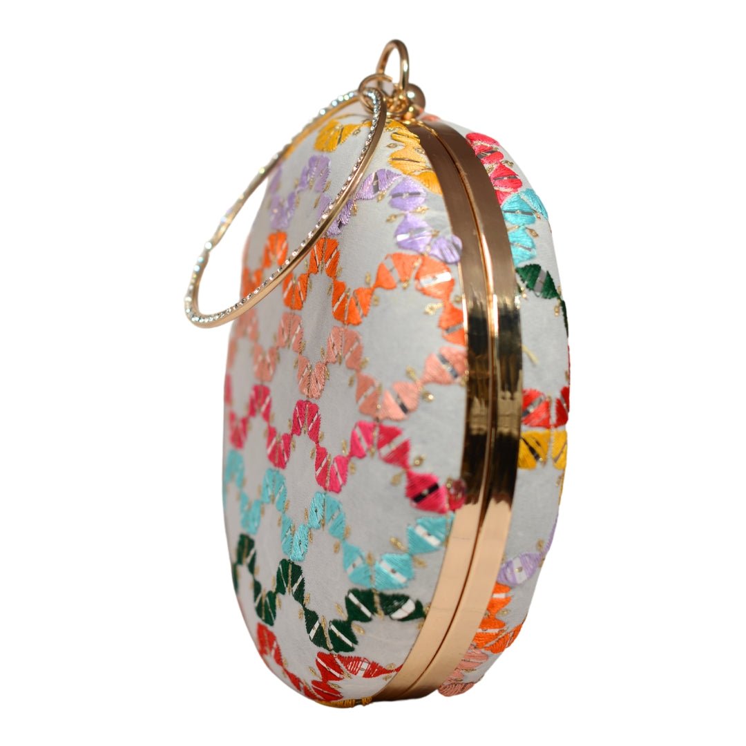 White Multicoloured Round Embroidery Clutch