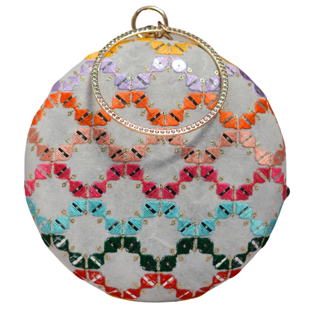 White Multicoloured Round Embroidery Clutch