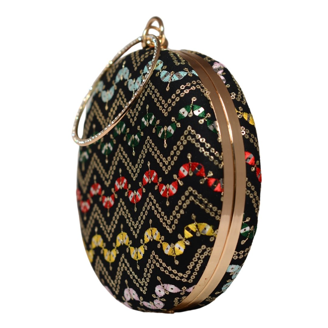Black Based Multicoloured Round Embroidery Clutch
