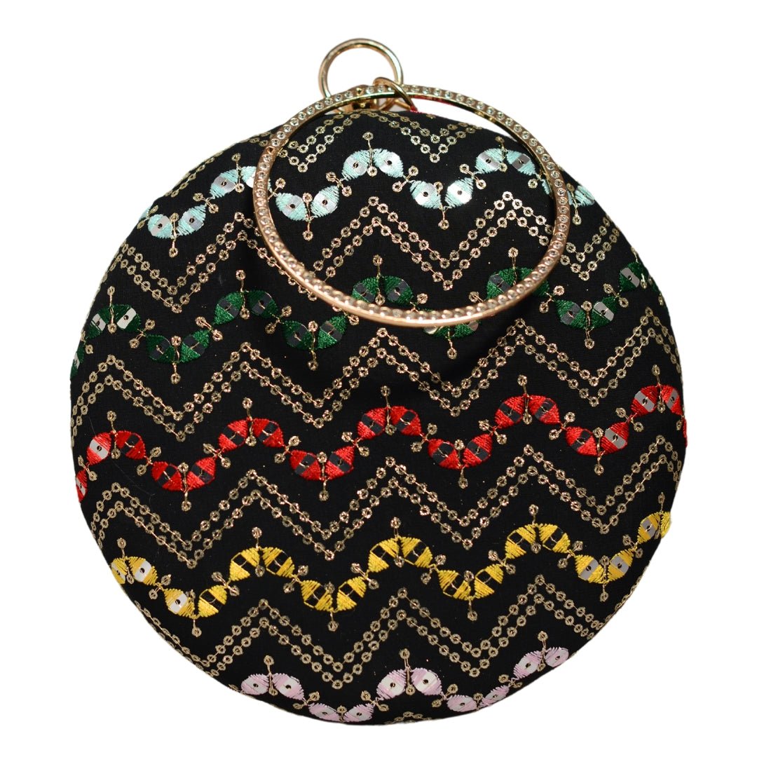 Black Based Multicoloured Round Embroidery Clutch