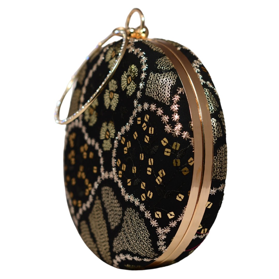 Black And Golden Round Embroidery Clutch