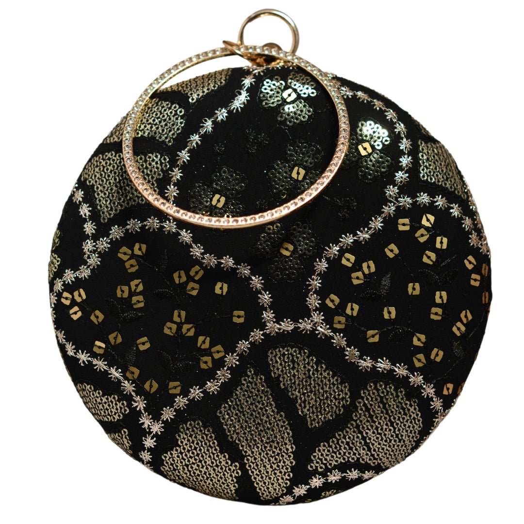 Black And Golden Round Embroidery Clutch
