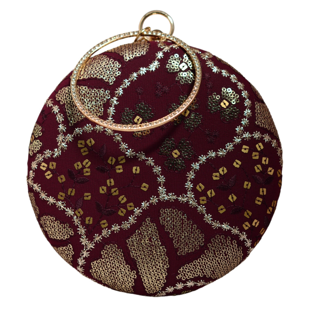Maroon And Golden Round Embroidery Clutch
