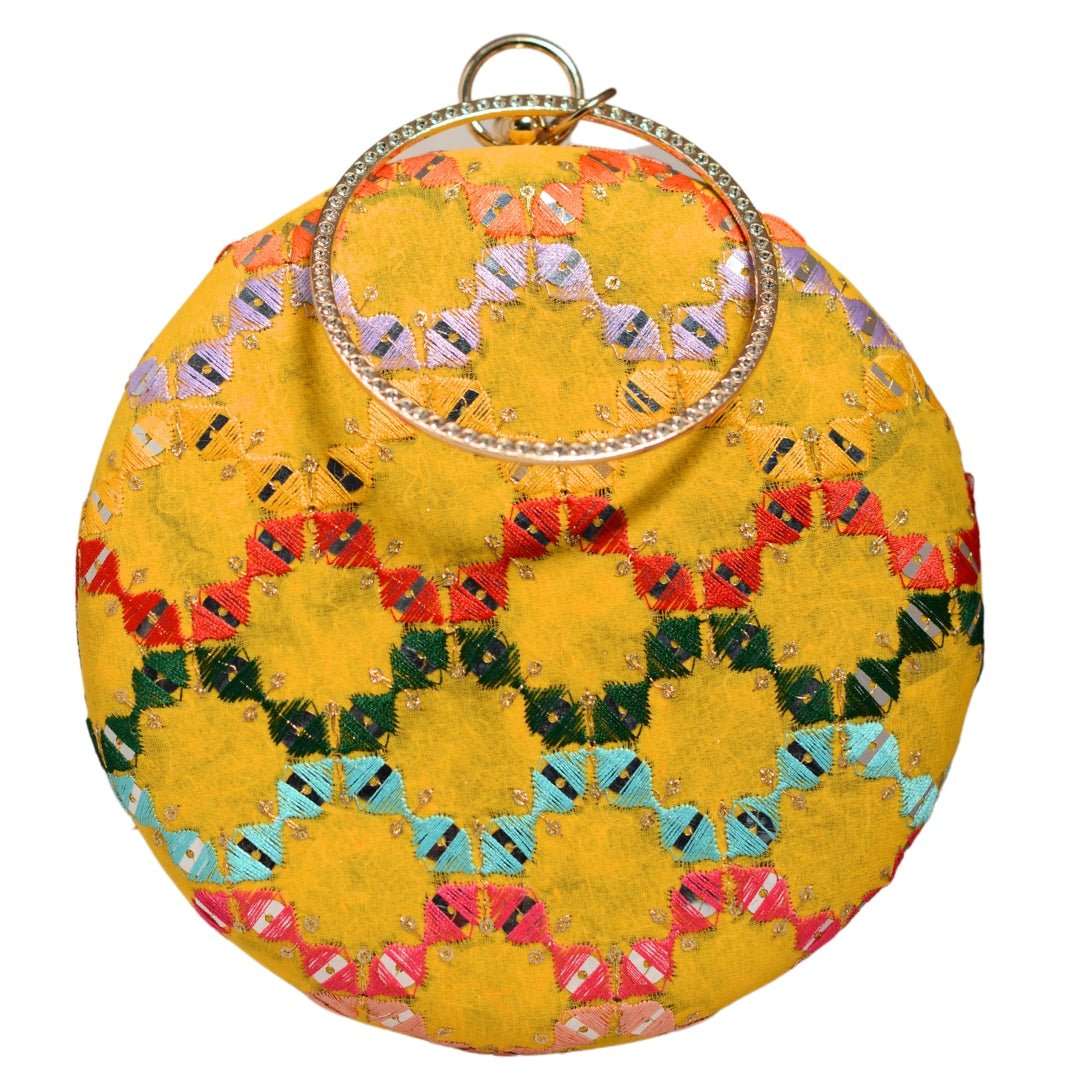 Yellow Multicoloured Round Embroidery Clutch