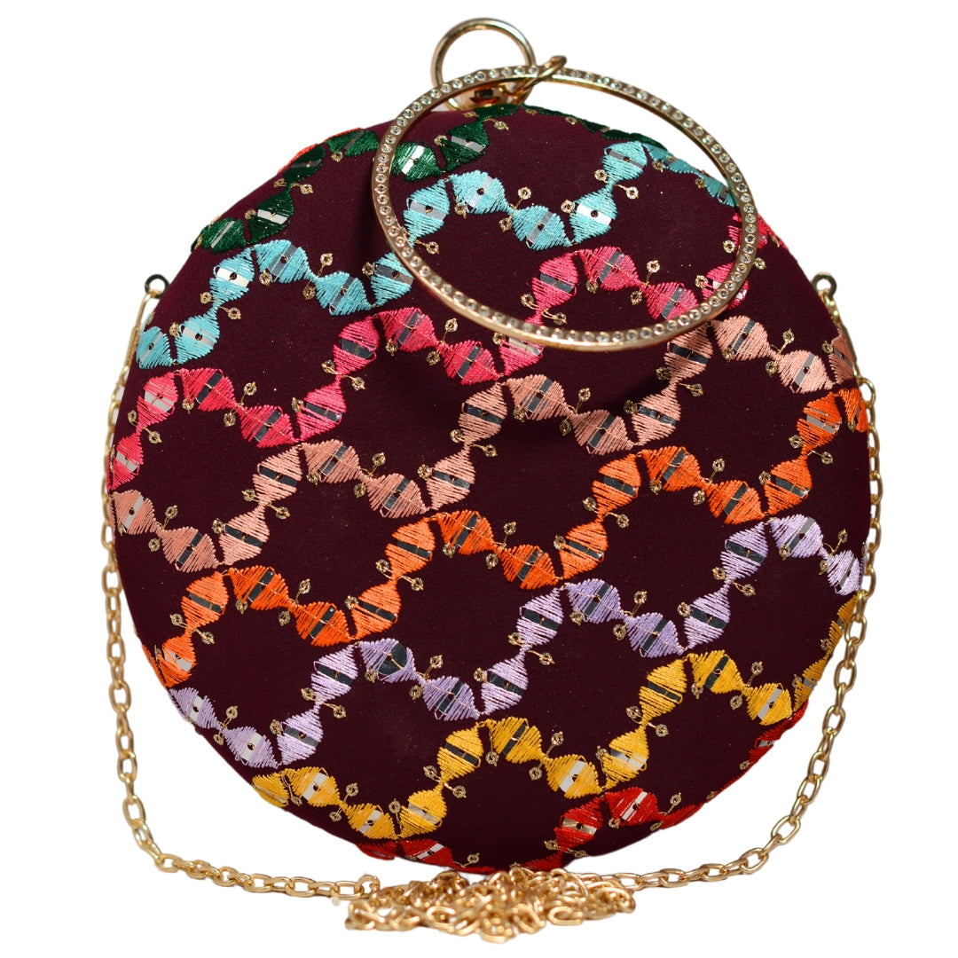 Maroon Multicoloured Round Embroidery Clutch