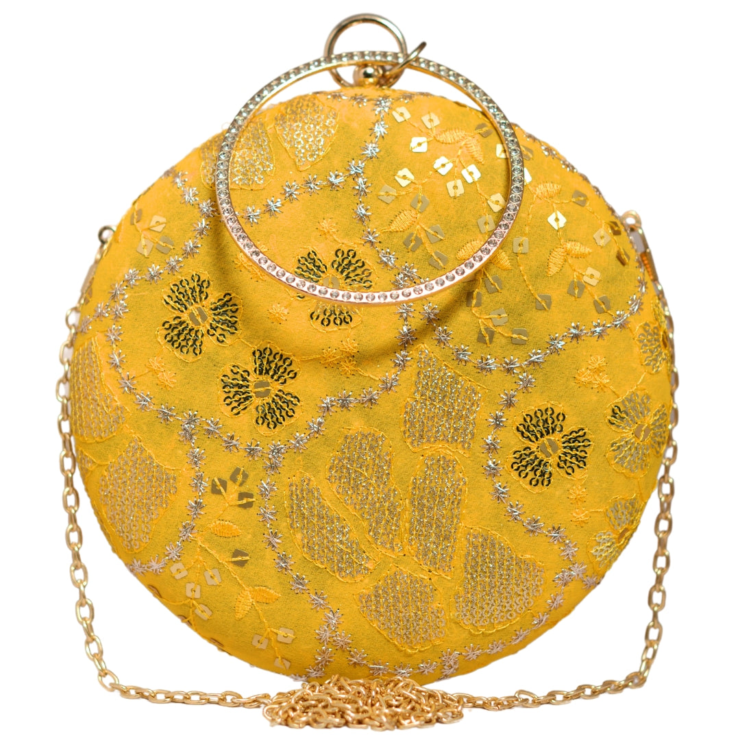 Yellow And Golden Round Embroidery Clutch