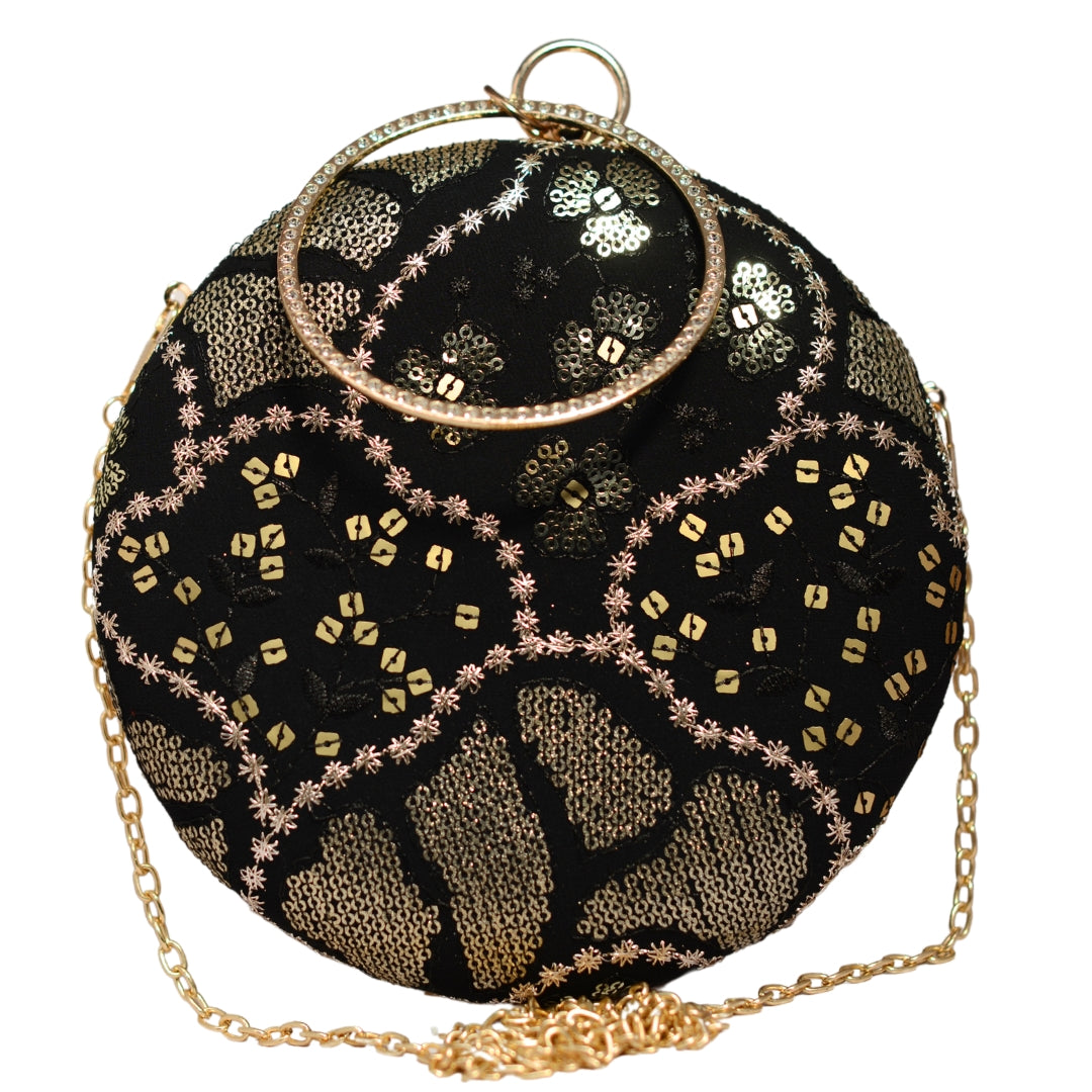 Black And Golden Round Embroidery Clutch