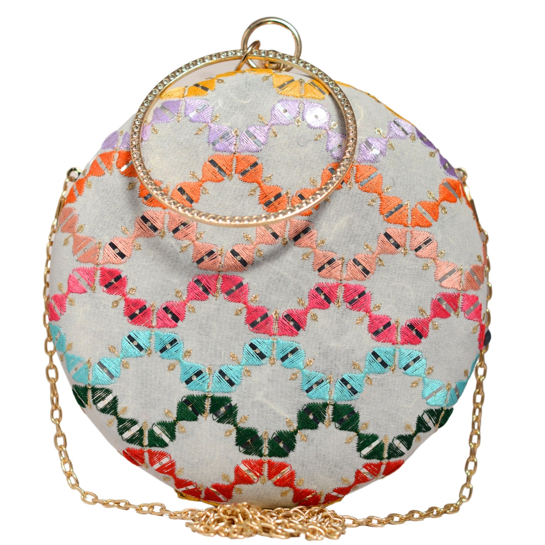 White Multicoloured Round Embroidery Clutch