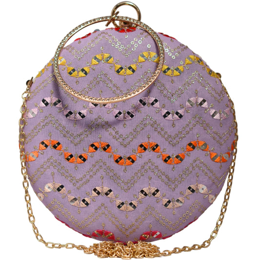 Lavender Multicoloured Round Embroidery Clutch