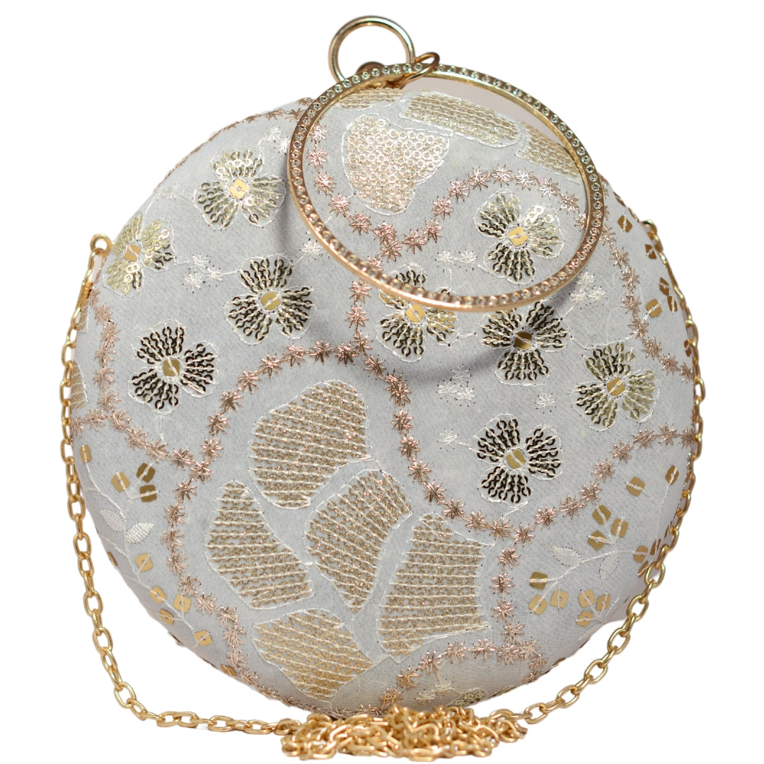 Cream And Golden Round Embroidery Clutch