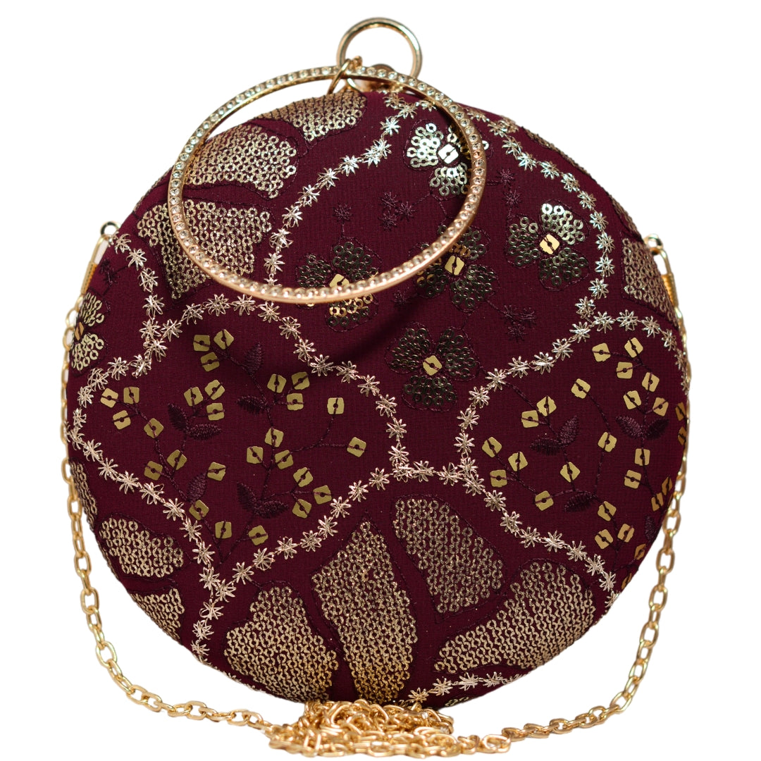 Maroon And Golden Round Embroidery Clutch