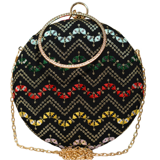 Black Based Multicoloured Round Embroidery Clutch