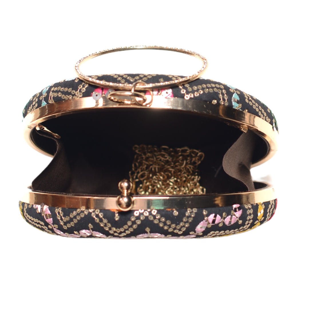 Black Based Multicoloured Round Embroidery Clutch