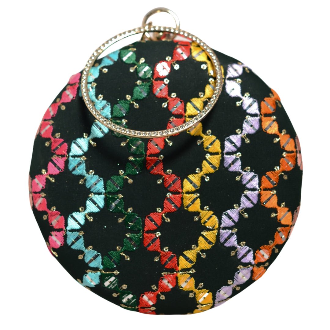 Black Based Multicoloured Round Embroidery Clutch