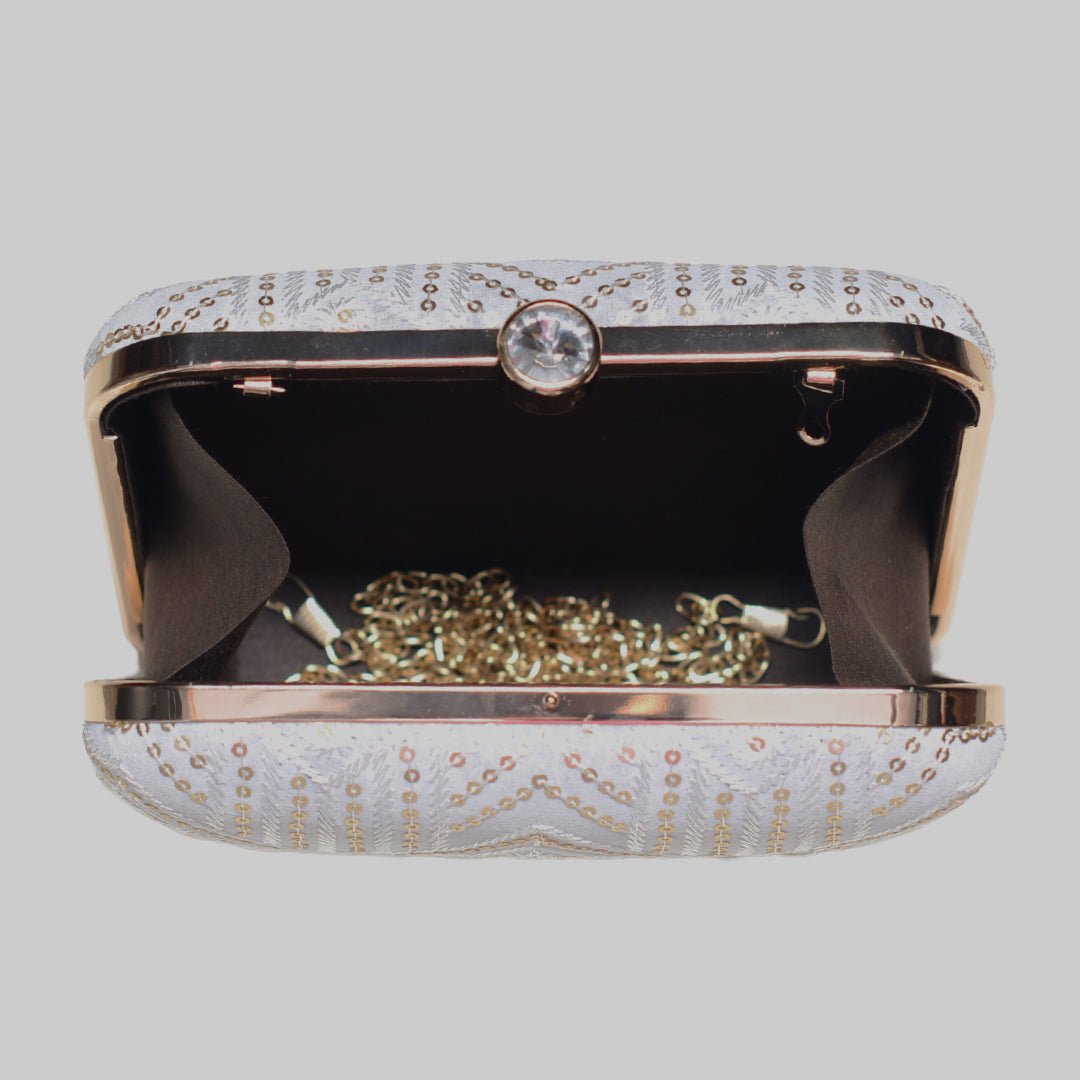 White Zigzag Sequins Embroidery Clutch