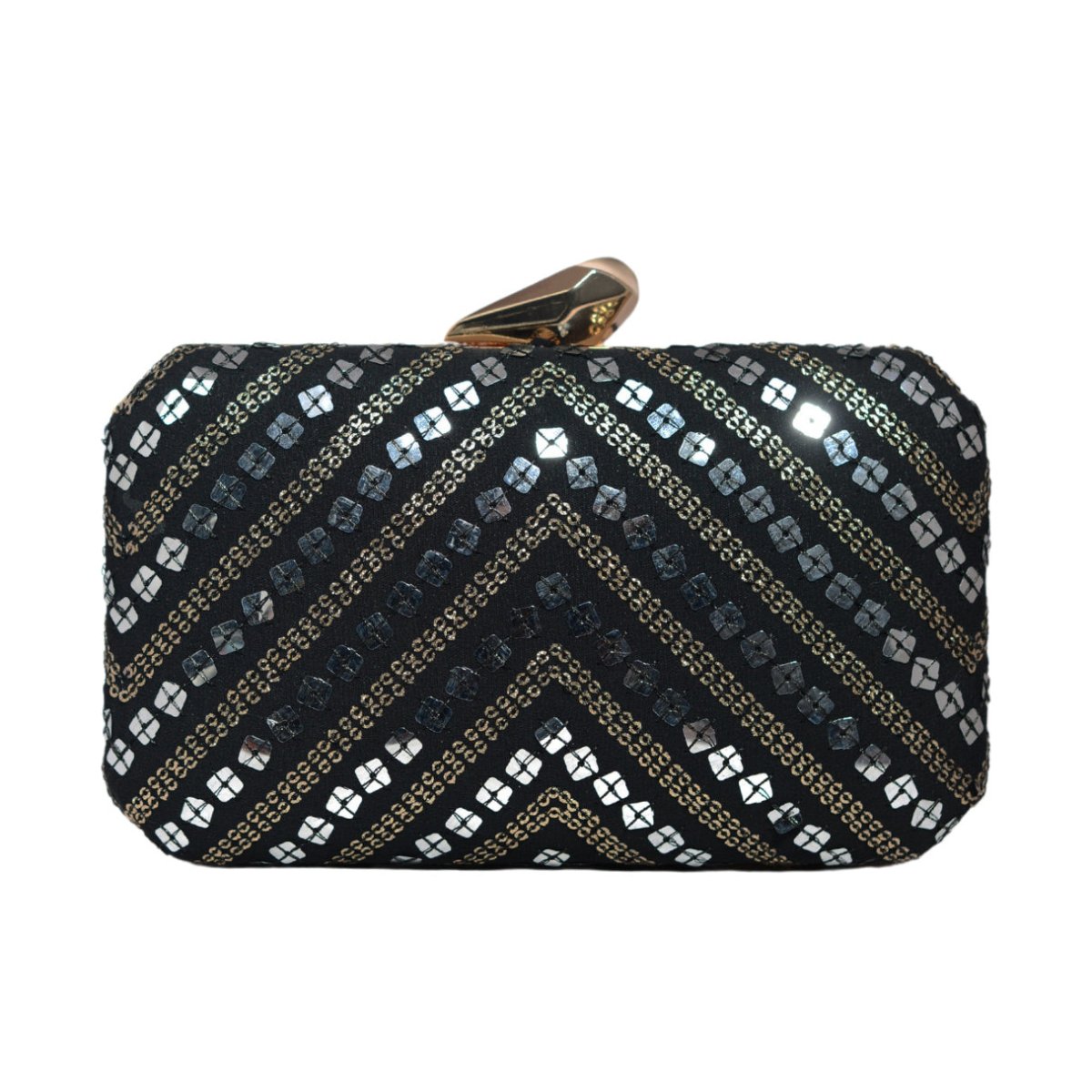 Silver Sequins Black Embroidery Clutch