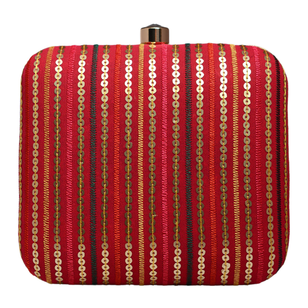 Red Sequins Strips Embroidery Party Clutch