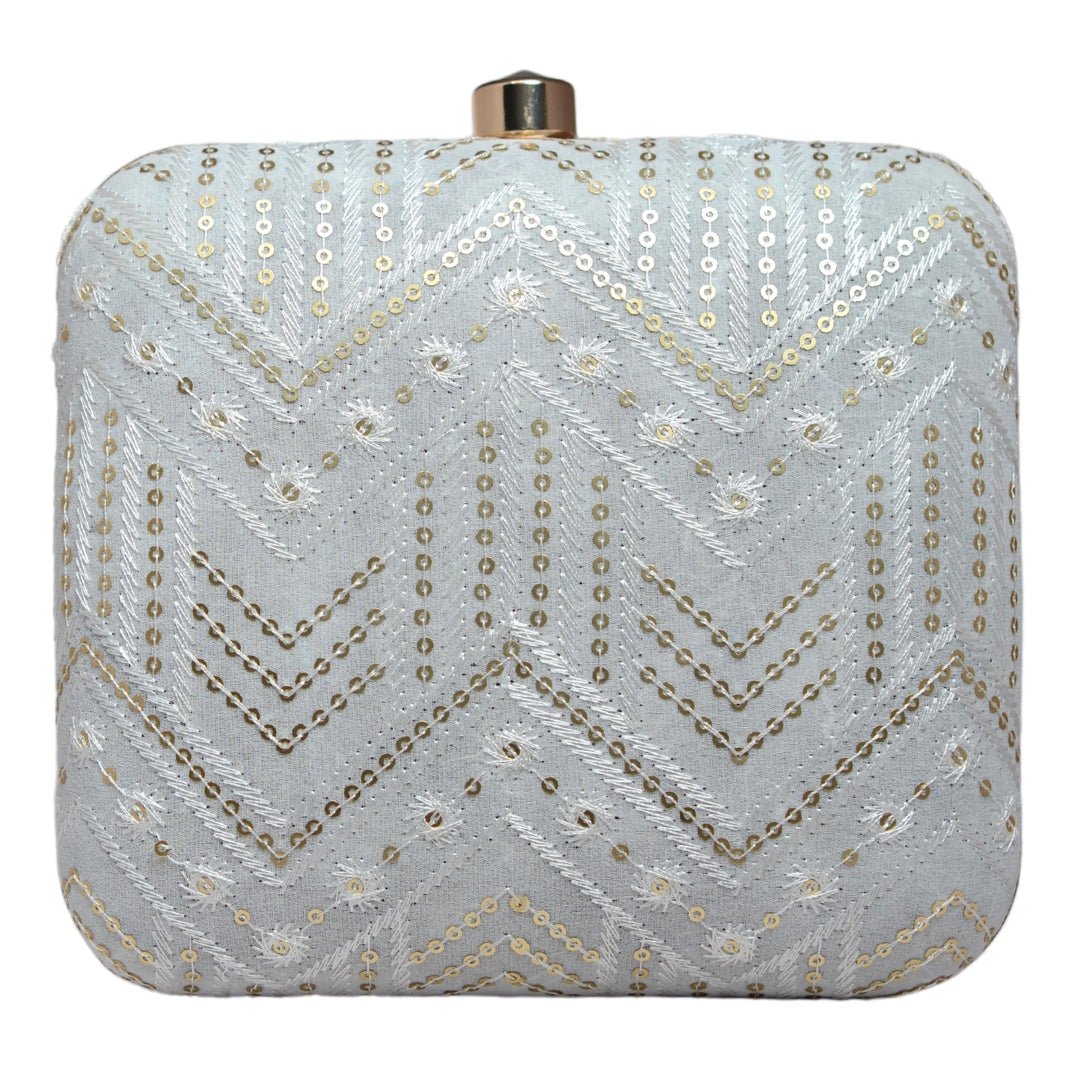 White Zigzag Sequins Embroidery Clutch