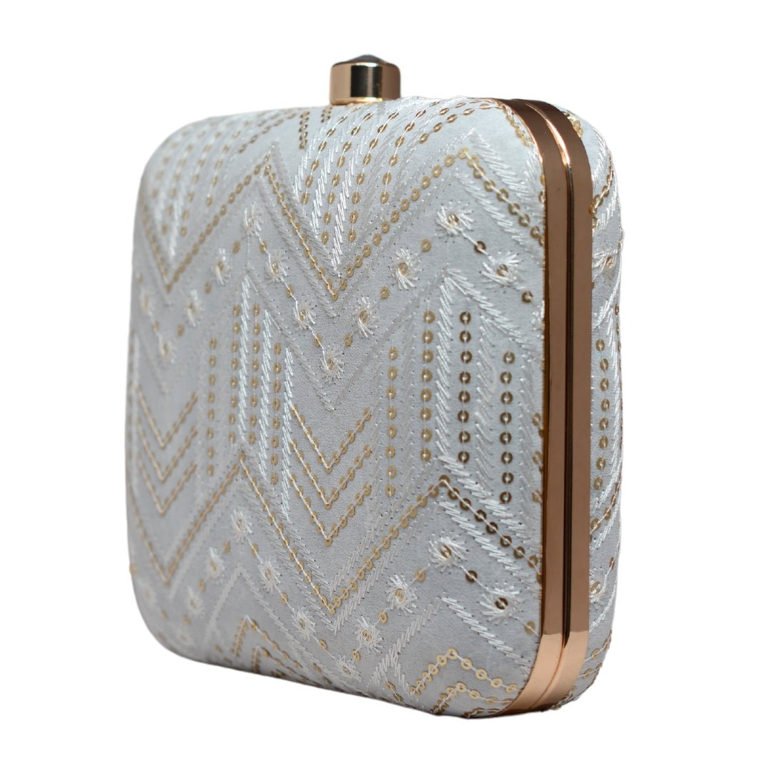 White Zigzag Sequins Embroidery Clutch