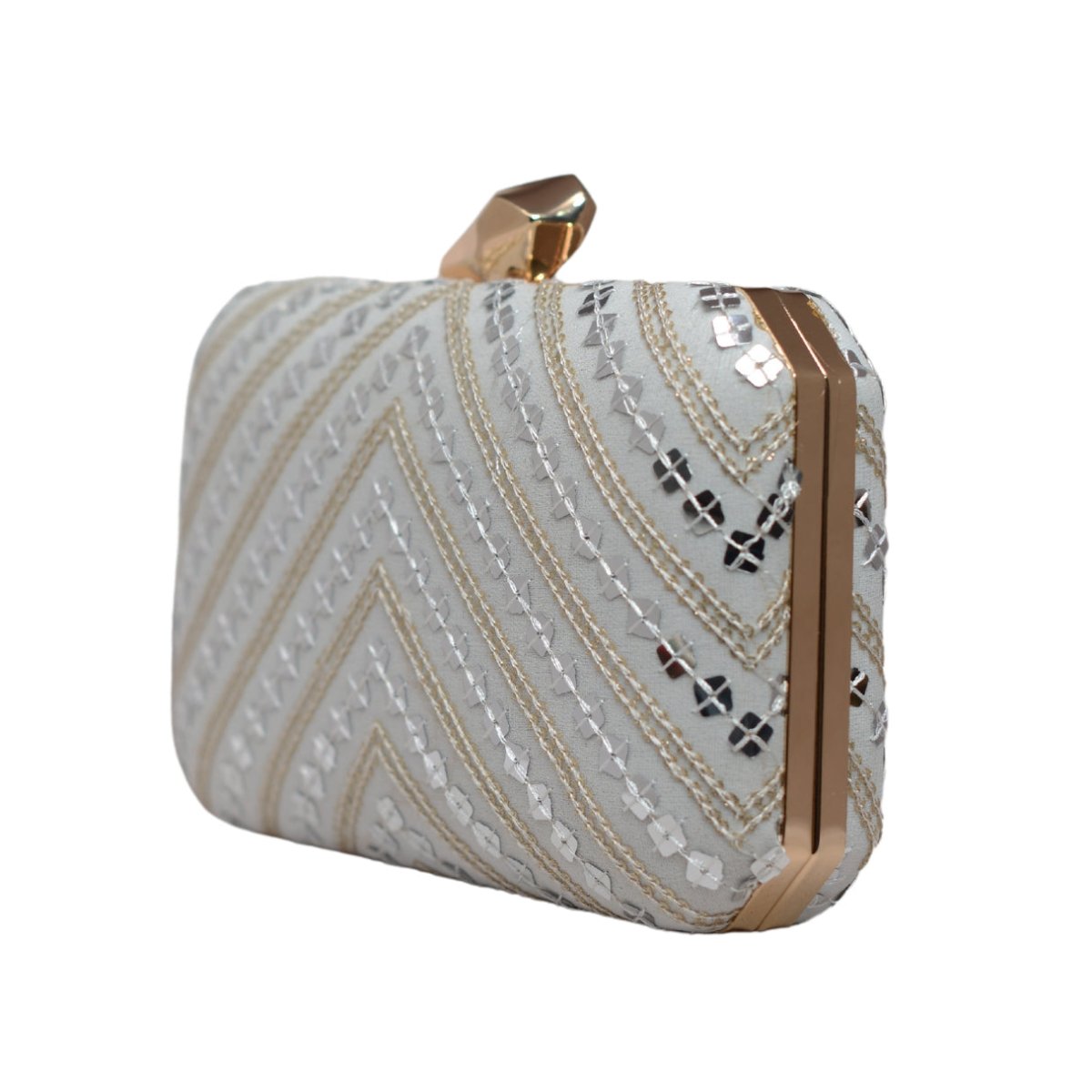 Silver Sequins White Embroidery Clutch