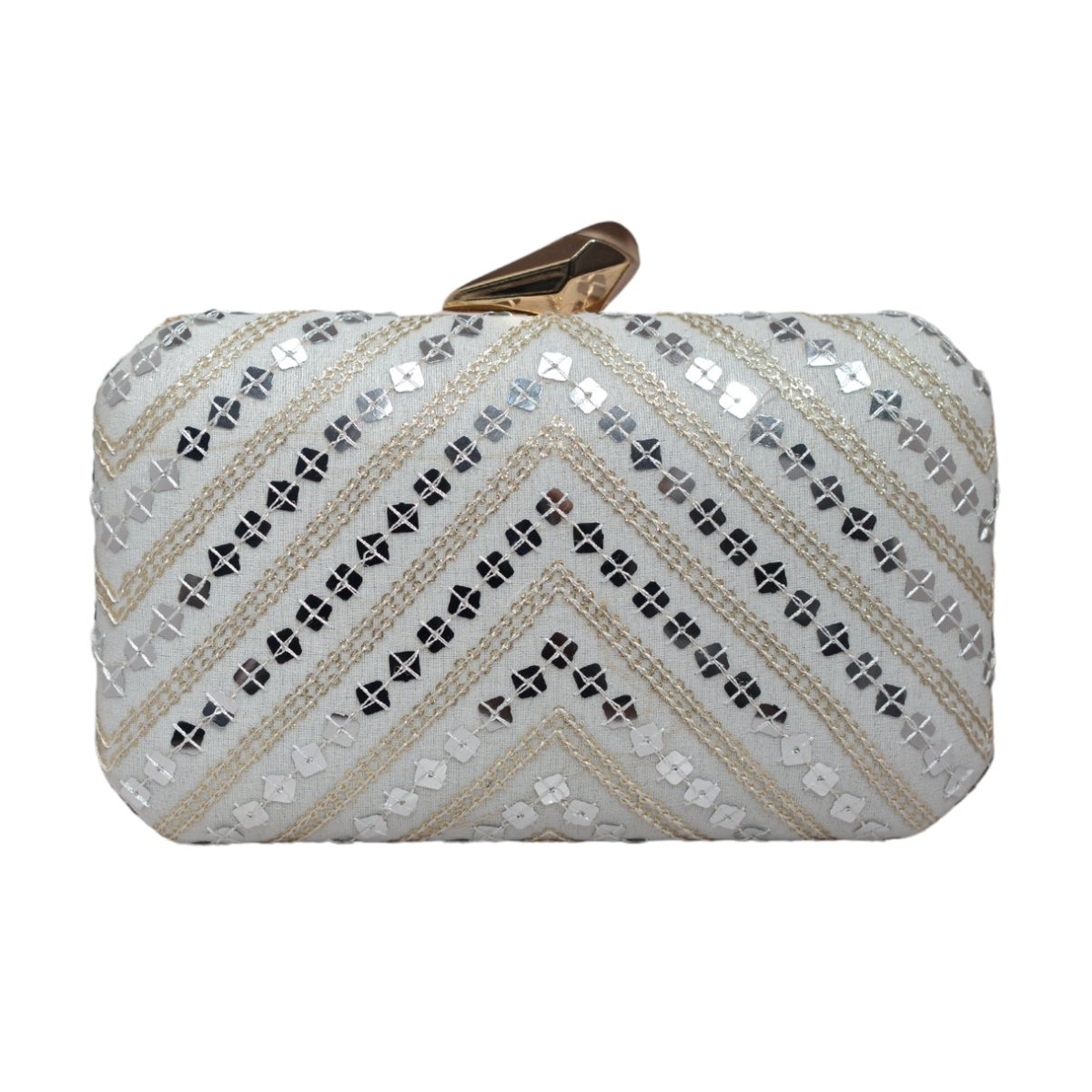 Silver Sequins White Embroidery Clutch