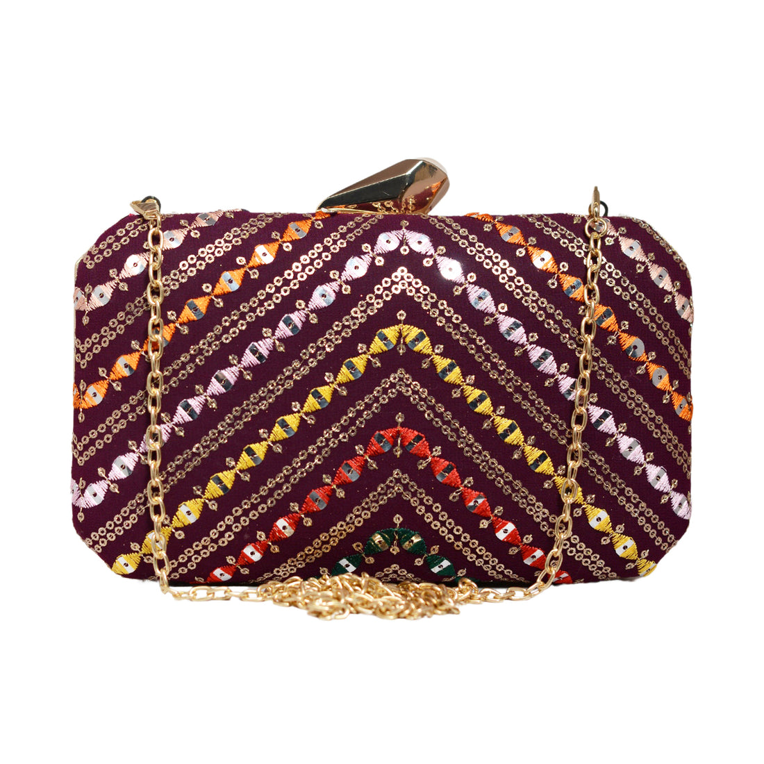 Wine Sequins Multicolour Embroidery Clutch