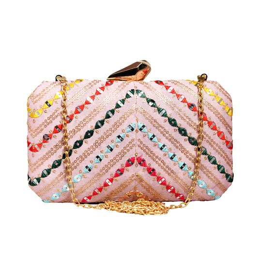 Pink Sequins Multicolour Embroidery Clutch