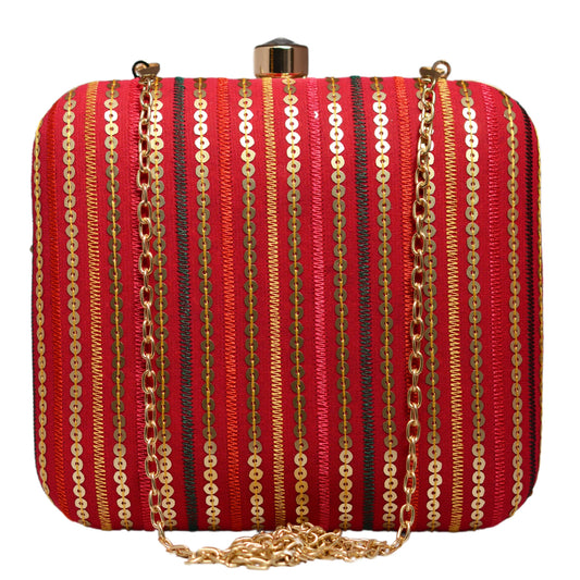 Red Sequins Strips Embroidery Party Clutch