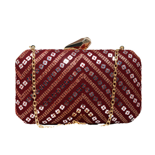 Silver Sequins Maroon Embroidery Clutch