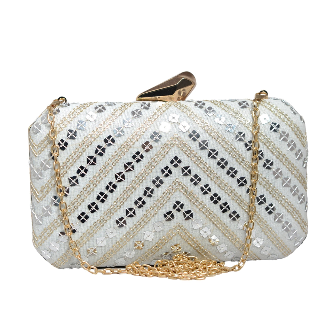 Silver Sequins White Embroidery Clutch