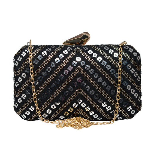 Silver Sequins Black Embroidery Clutch